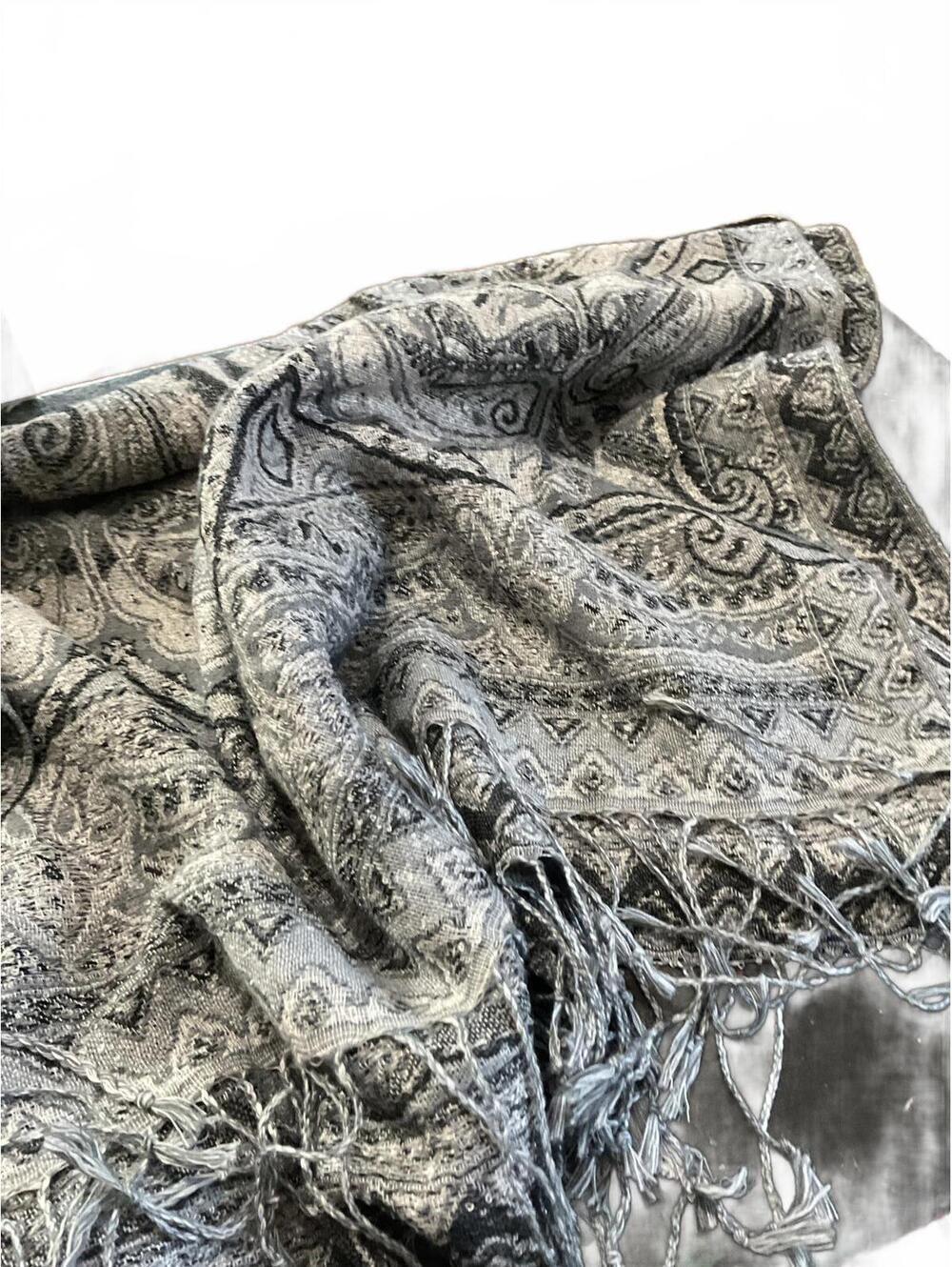 Elegant Gray Paisley Patterned Scarf Wrap with Fringe
